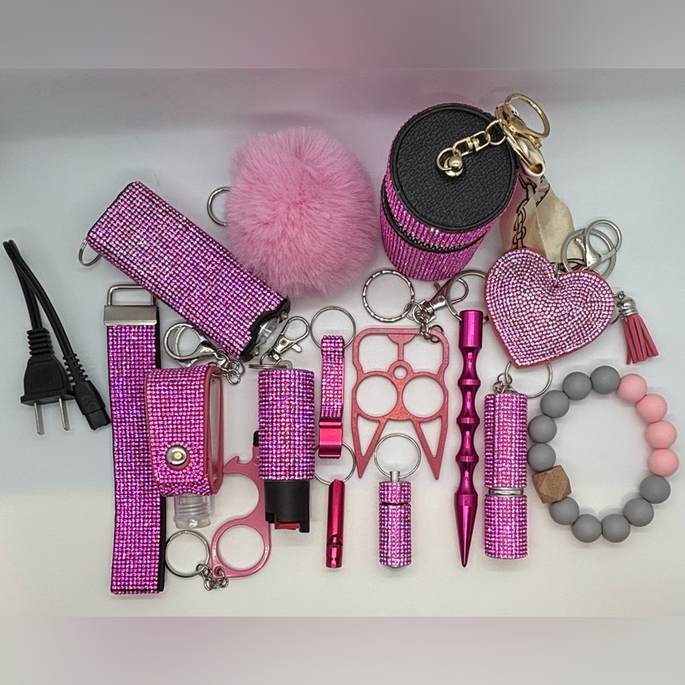 17 Pc Set Pink Rhinestone Self Defense Keychain